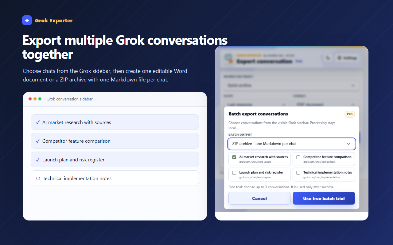Batch export dialog listing conversations from the Grok sidebar