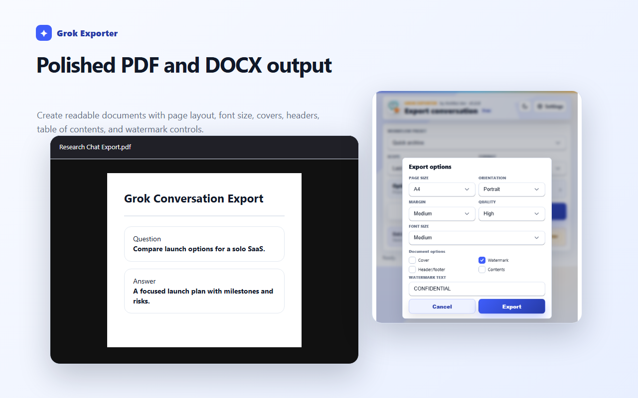 Export options dialog with content and document toggles