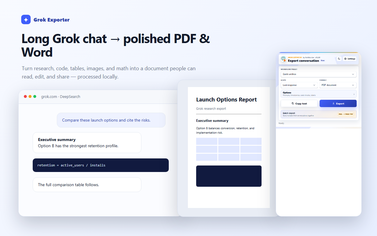 Grok Exporter popup beside a finished PDF export